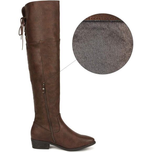 Women's Brown Textile Over The Knee High Low Block Heel Pointed Toe Riding Boots - Picture 2 of 7